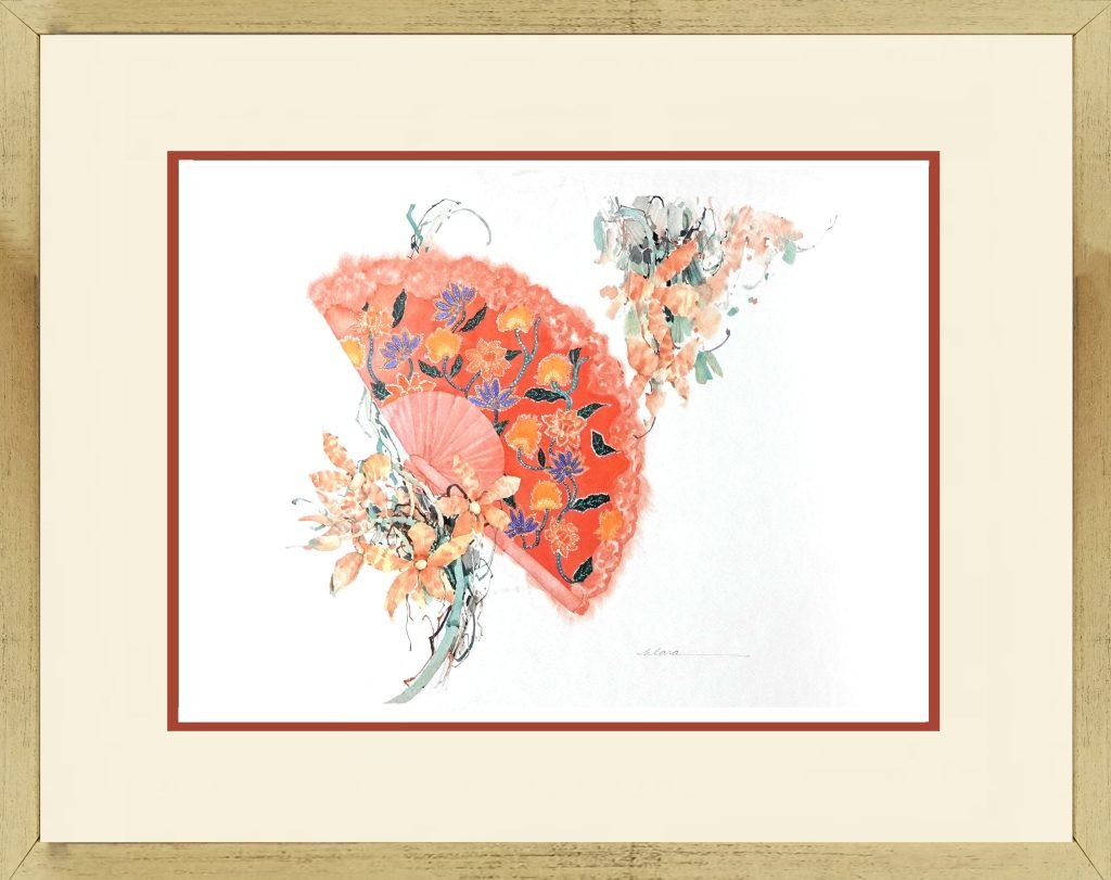 Watercolour Painting of a red Peranakan Batik Fan with Flowers by Clara Hung Mei Yee